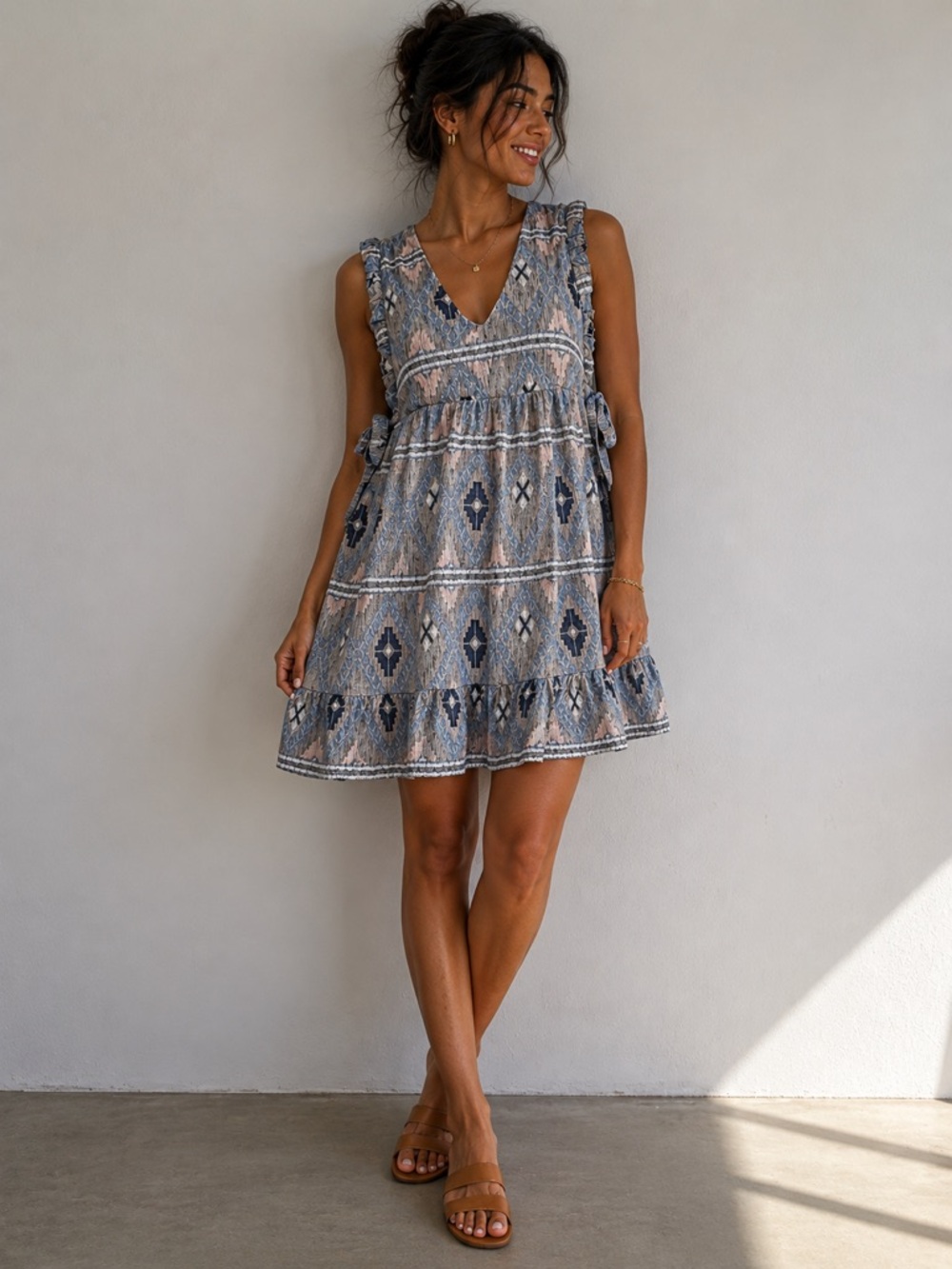 Cleo + Wolf XS Southwestern Tribal Print Tiered Babydoll Dress Open Back Boho